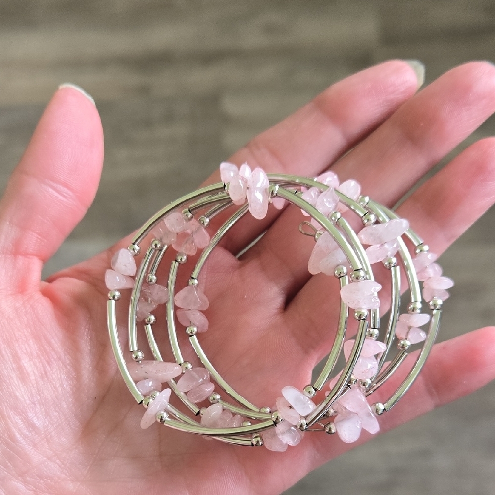 Genuine Rose Quartz Crystal Stainless Steel Layered Bangle Wrap Bracelet